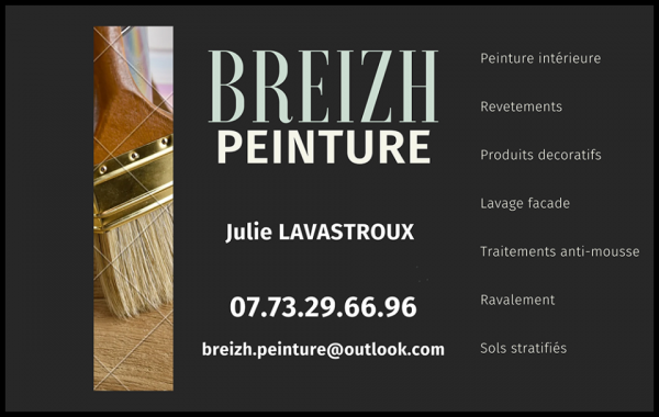 breizh peinture - julie lavastroux, peinture,décoration,revêtements de sols et murs,ravalement,papiers peints,ravalement de façades,nettoyage de toiture,nettoyage de façades,peinture au pistolet,vitrification de parquets,rénovation de parquet,ponçage de parquet,bande enduit,jointoyeur,peintre,parquet flottant,béton ciré,enduit décoratif,tapisserie,tapisserie,fresque,panorama,